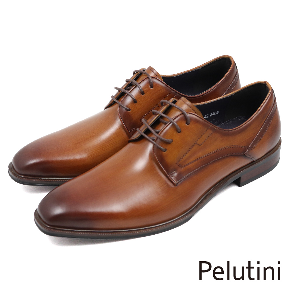 【Pelutini】經典素面壓邊漸層商務綁帶德比鞋 棕色(412113-BR)