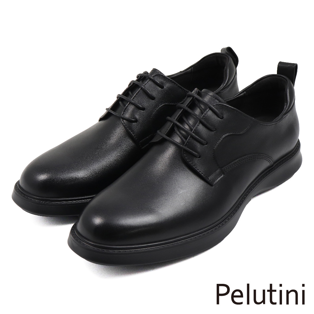 【Pelutini】經典素面壓線綁帶休閒氣墊皮鞋  黑色(412119-BL)