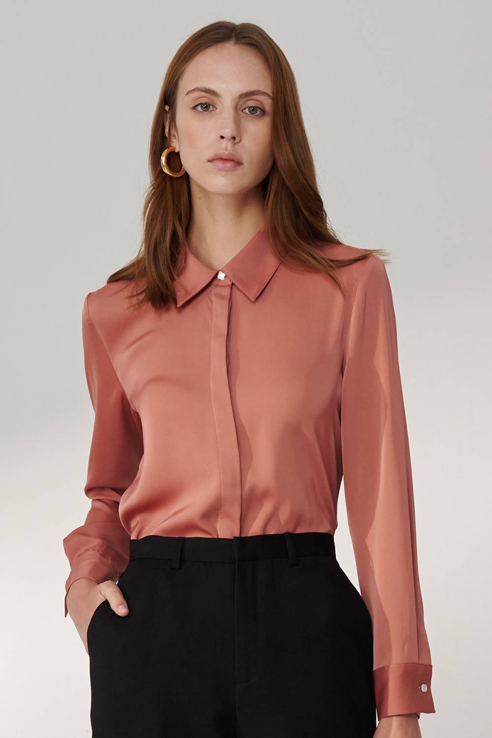 SST&C Salmon Red Mercerized Slim Fit Dress | 01082408001_0