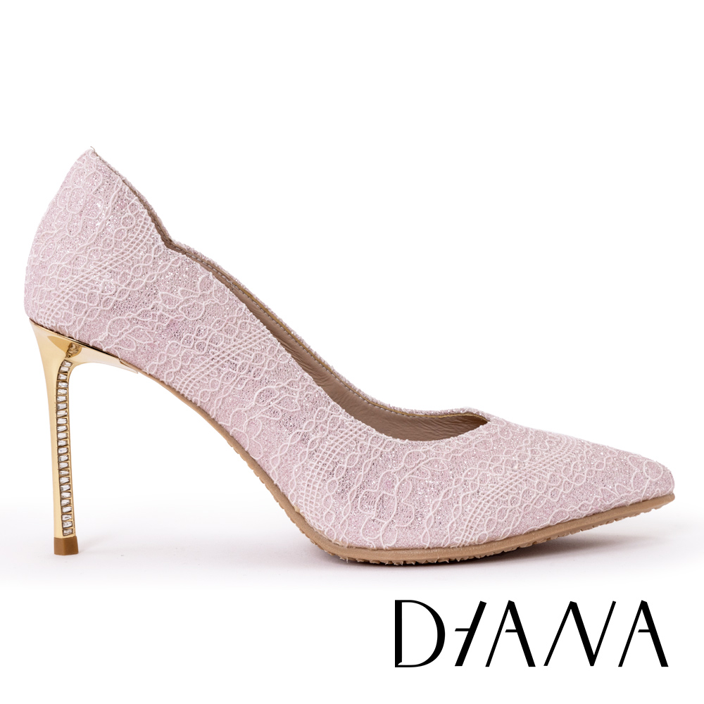 DIANA 9 cm王妃煥彩蕾絲布面高跟尖頭跟鞋 粉色 #54111
