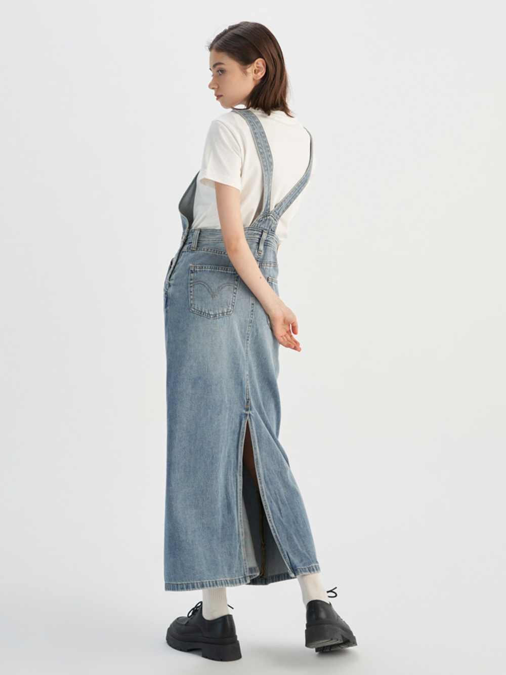 女款 高腰吊帶牛仔長裙 胸前口袋 熱賣單品