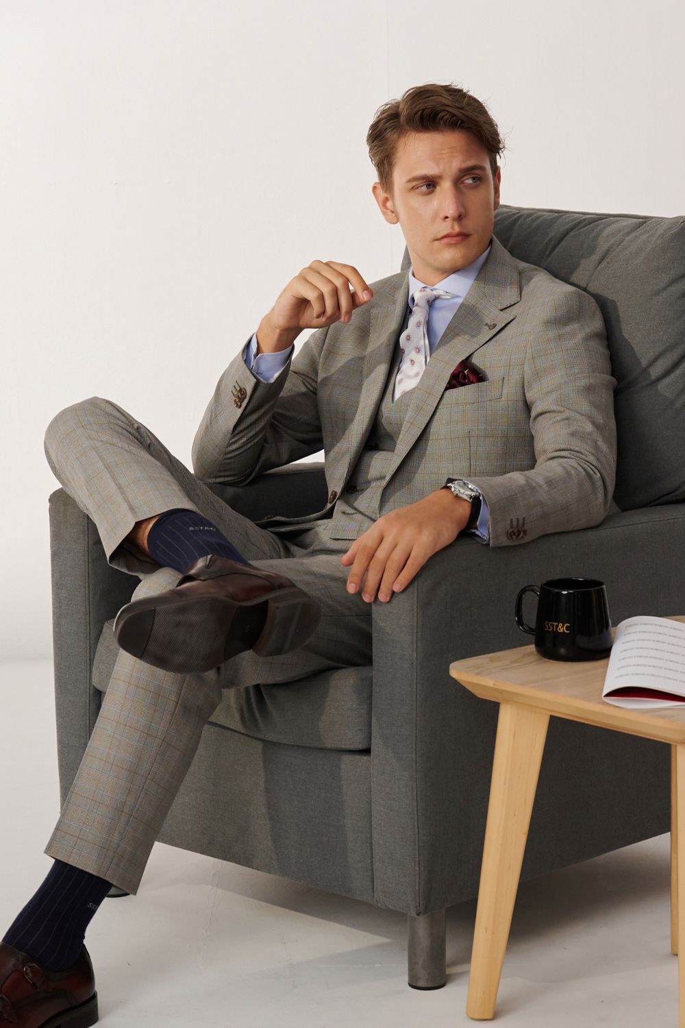SST&C Classic Light Gray Welsh Check Pattern Slim Fit Suit Jacket | 00012408002_1