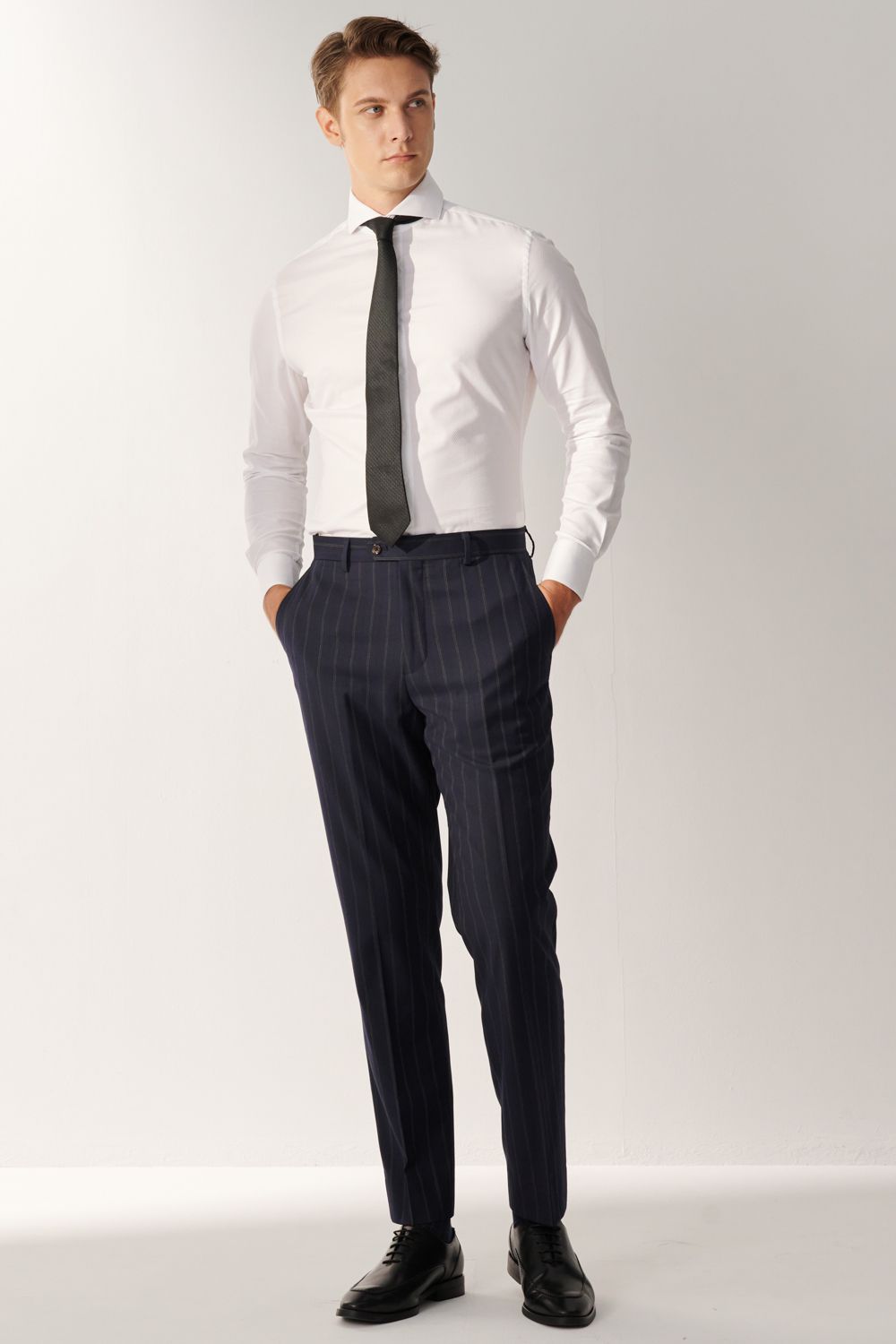 SST&C Classic Navy Blue Straight Stripe Slim Fit Suit Trousers | 00022408001_0