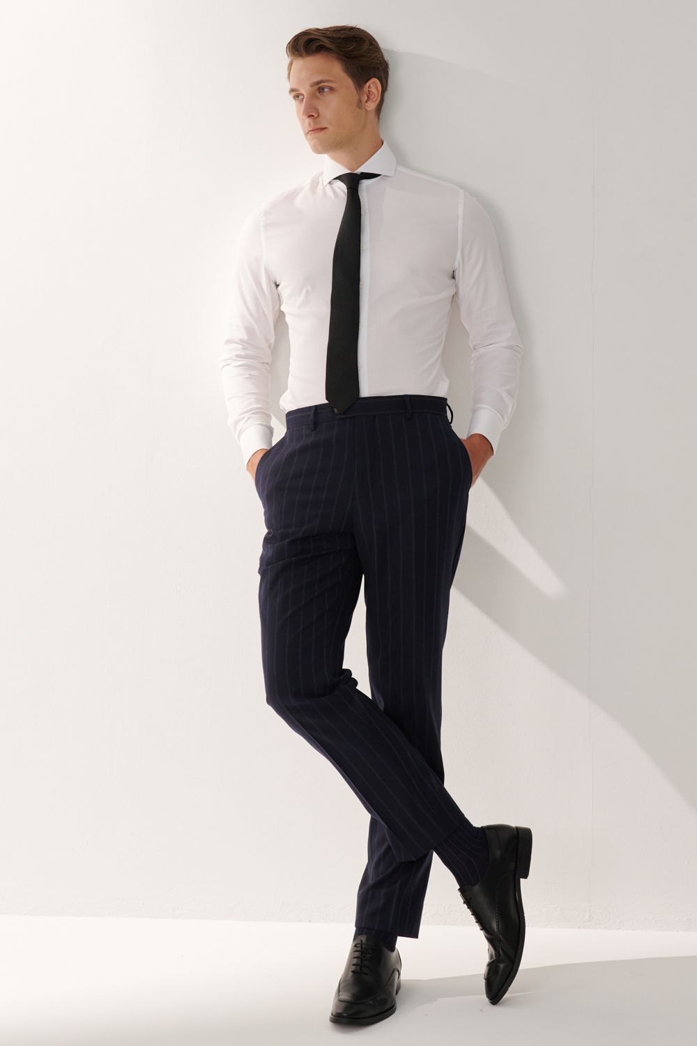 SST&C Classic Navy Blue Straight Stripe Slim Fit Suit Trousers | 00022408001_1