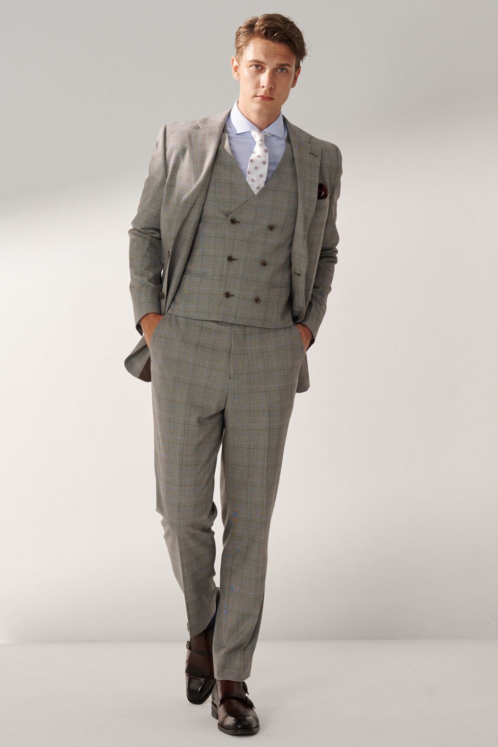 SST&C Classic Light Gray Welsh Check Pattern Slim Fit Suit Trousers | 00022408002_0