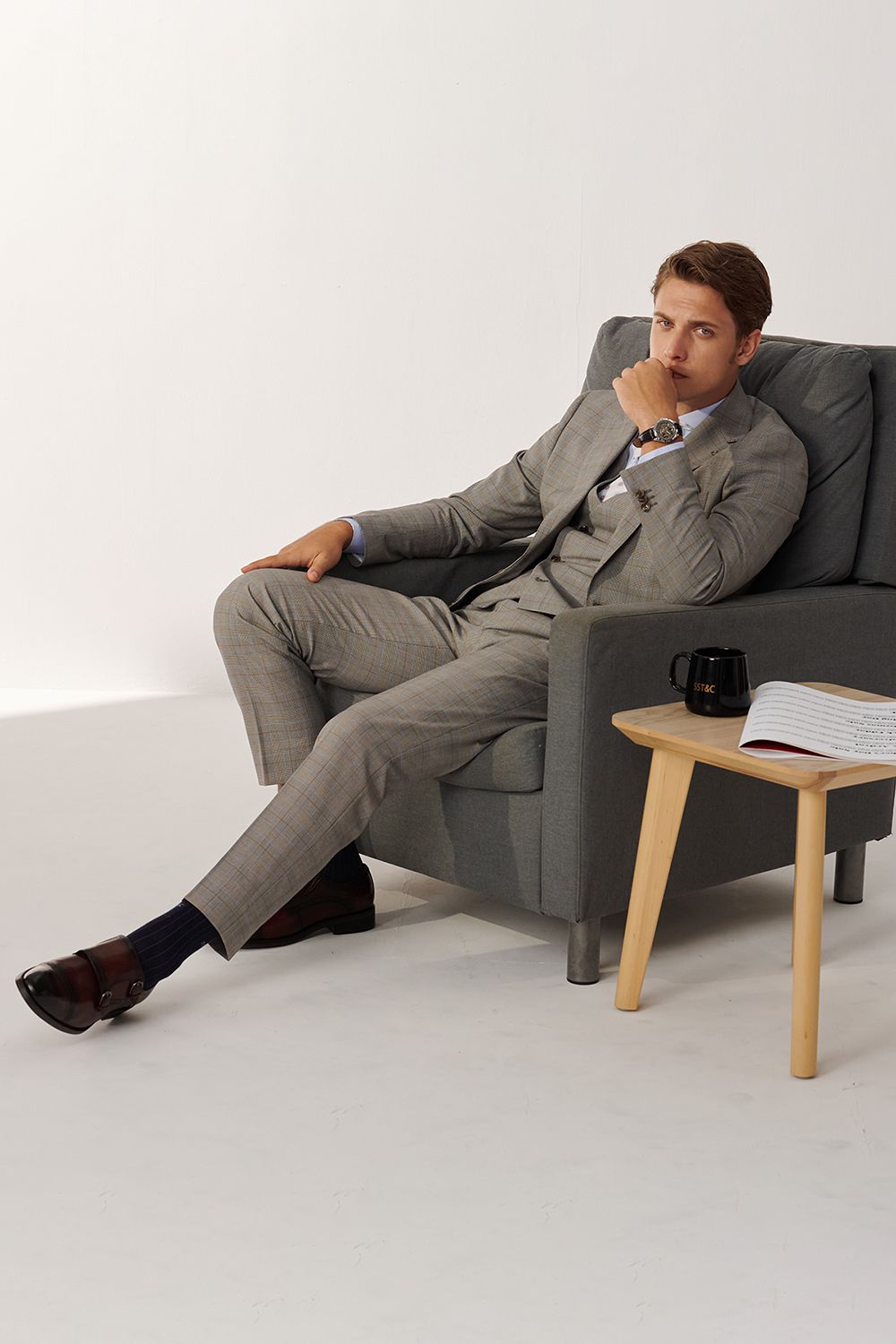 SST&C Classic Light Gray Welsh Check Pattern Slim Fit Suit Trousers | 00022408002_1