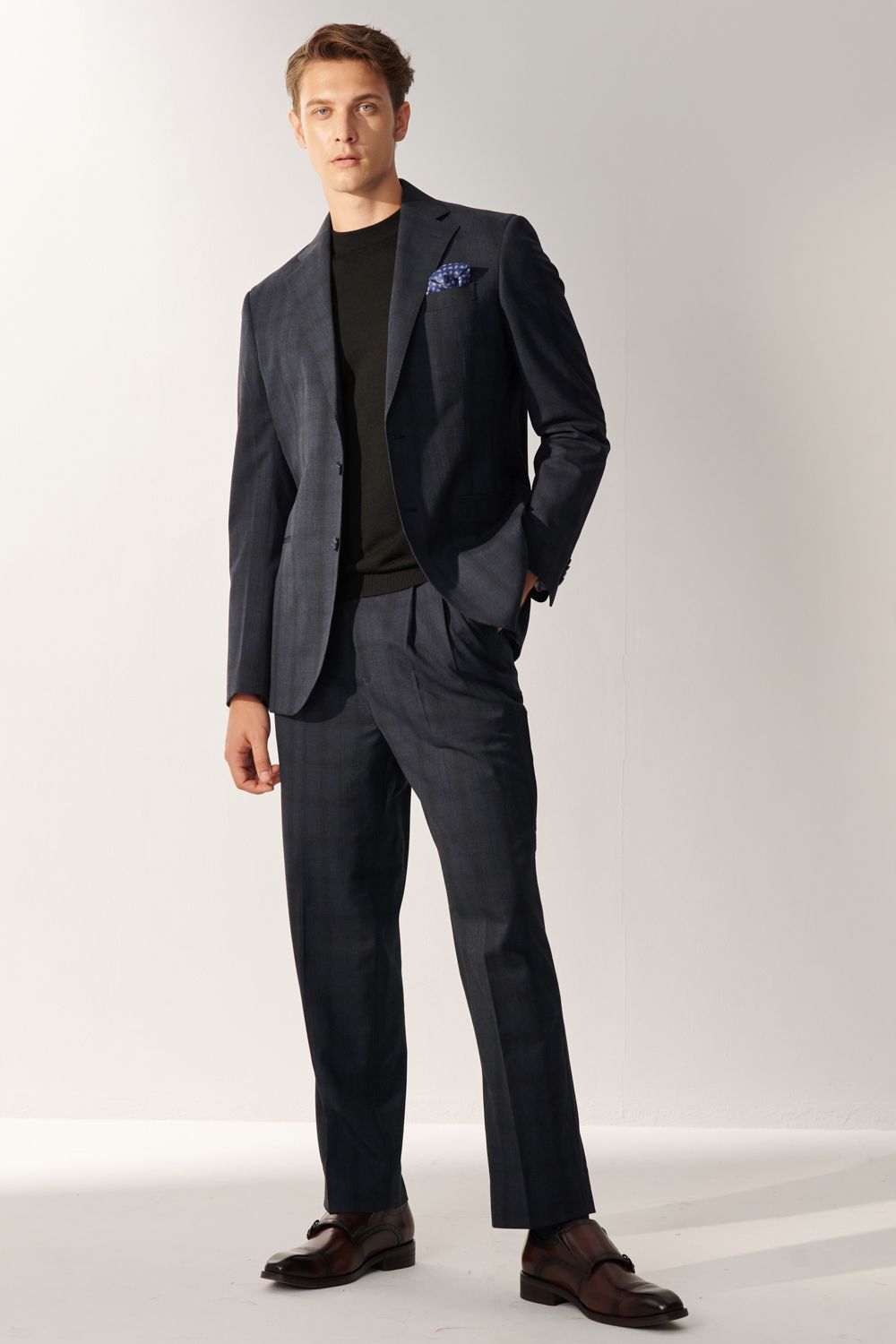 SST&C Classic Navy Check Pattern Loose Suit Trousers | 00022408005_0
