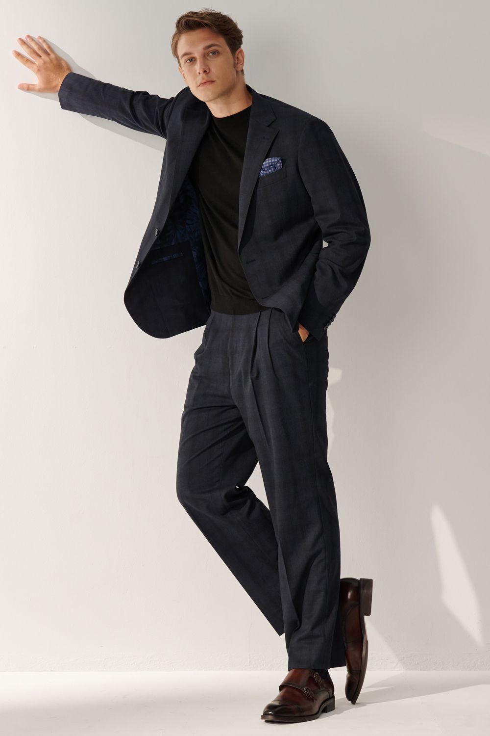 SST&C Classic Navy Check Pattern Loose Suit Trousers | 00022408005_1