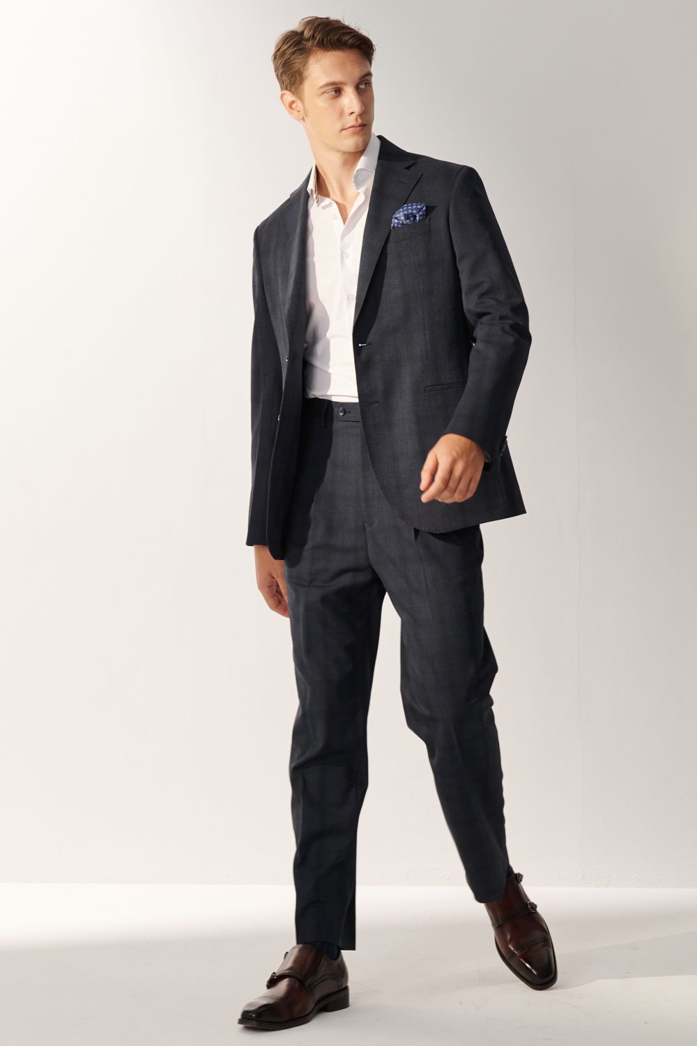 SST&C Classic Navy Check Pattern Loose Suit Trousers | 00022408005_2
