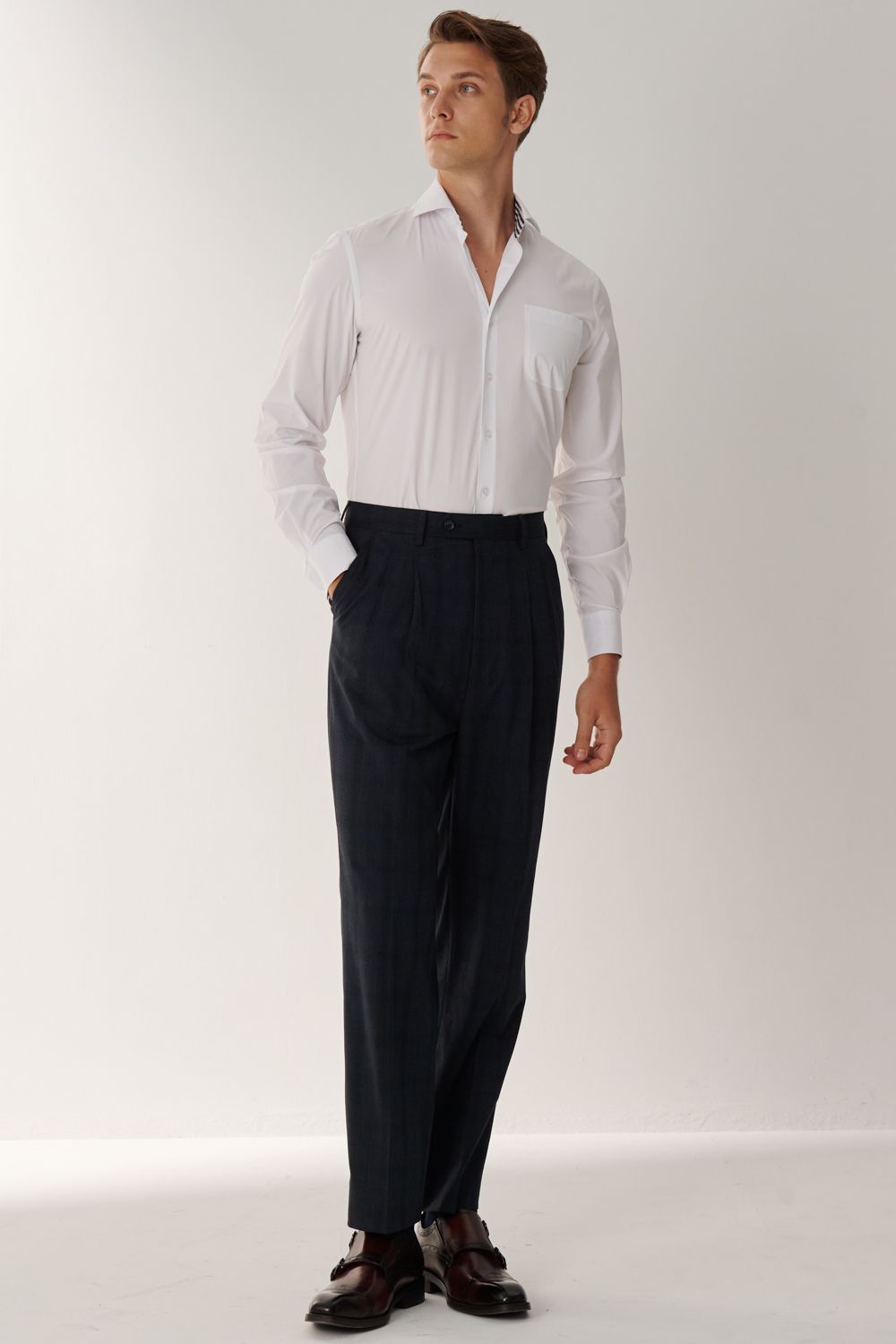 SST&C Classic Navy Check Pattern Loose Suit Trousers | 00022408005_3