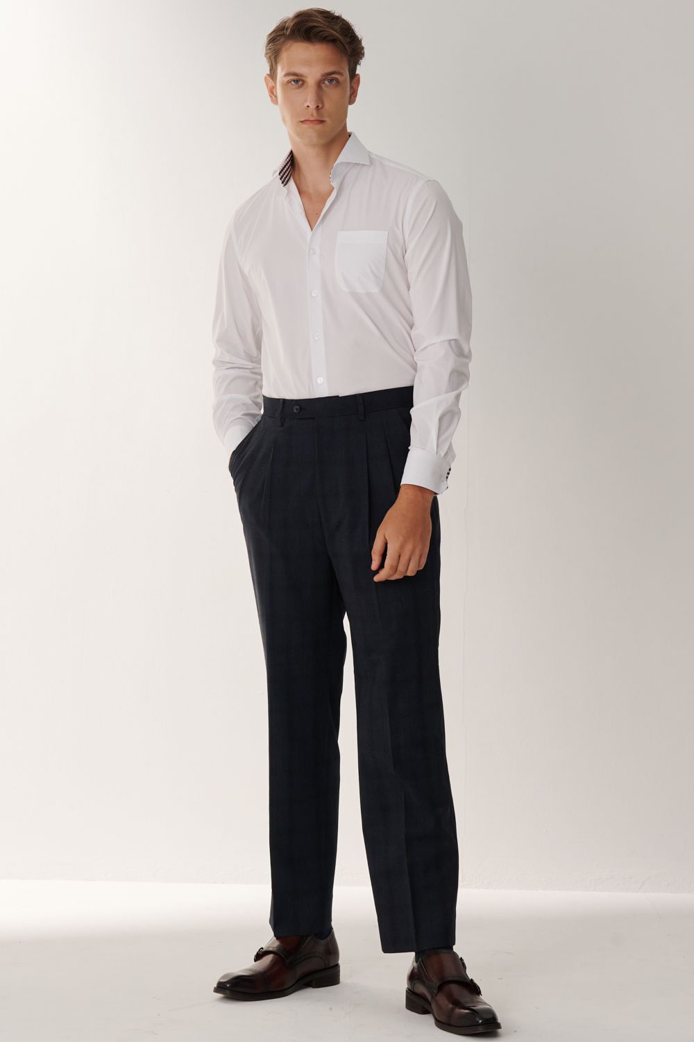 SST&C Classic Navy Check Pattern Loose Suit Trousers | 00022408005_4
