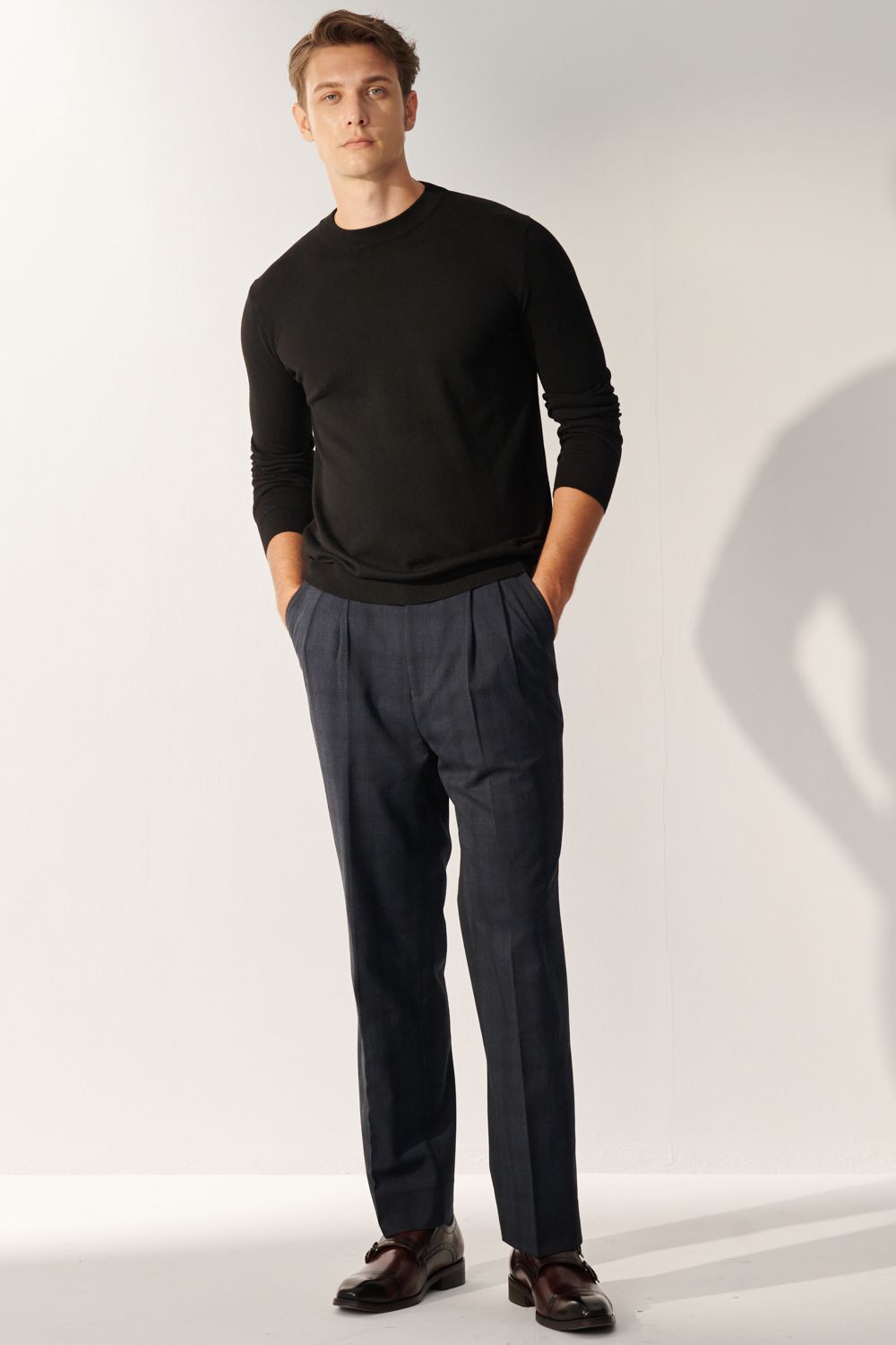 SST&C Classic Navy Check Pattern Loose Suit Trousers | 00022408005_5