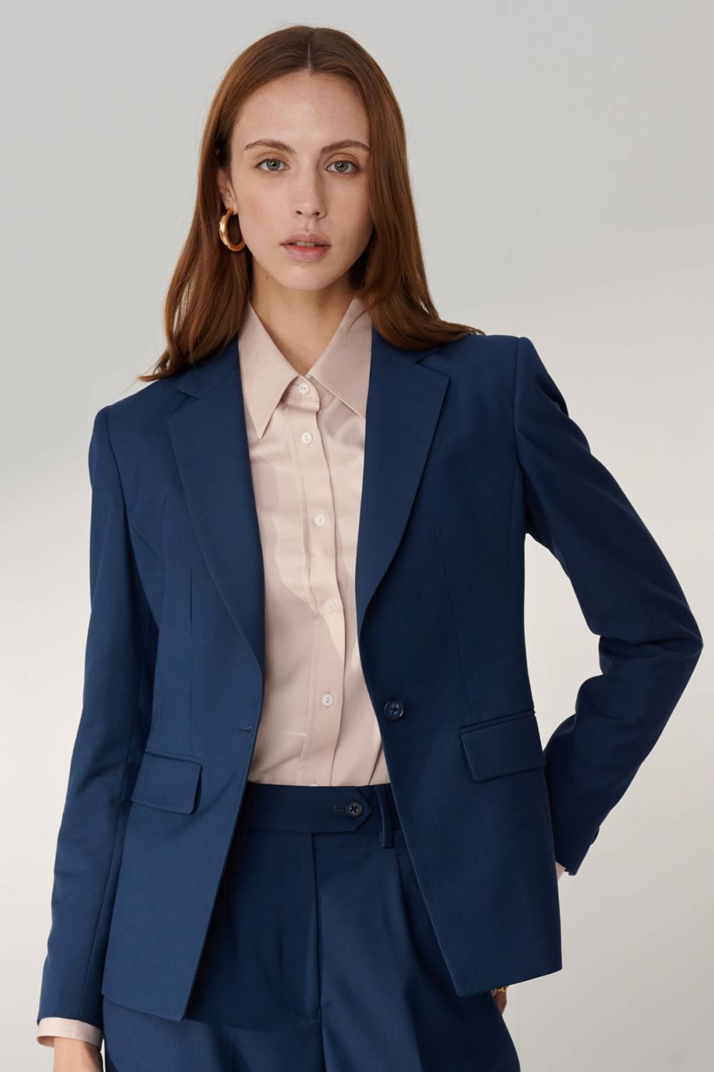 SST&C Prussian Blue Square Collar Fitted Suit Jacket | 01012408003_1