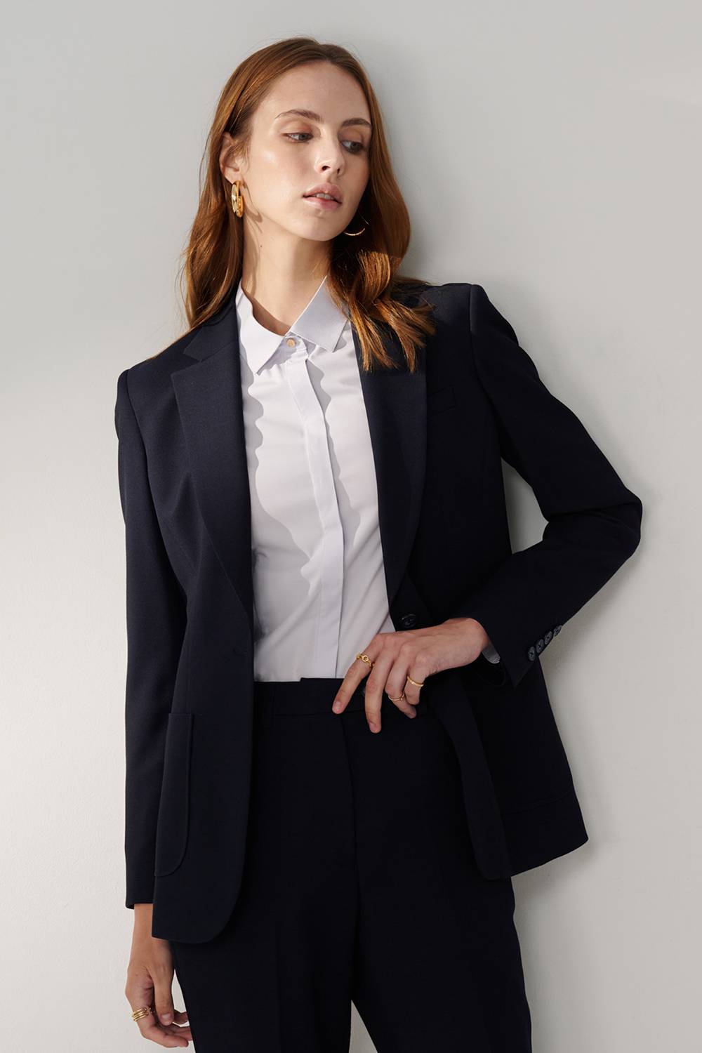 SST&C Navy Square Collar Mid-Length Suit Jacket | 01012408004_0