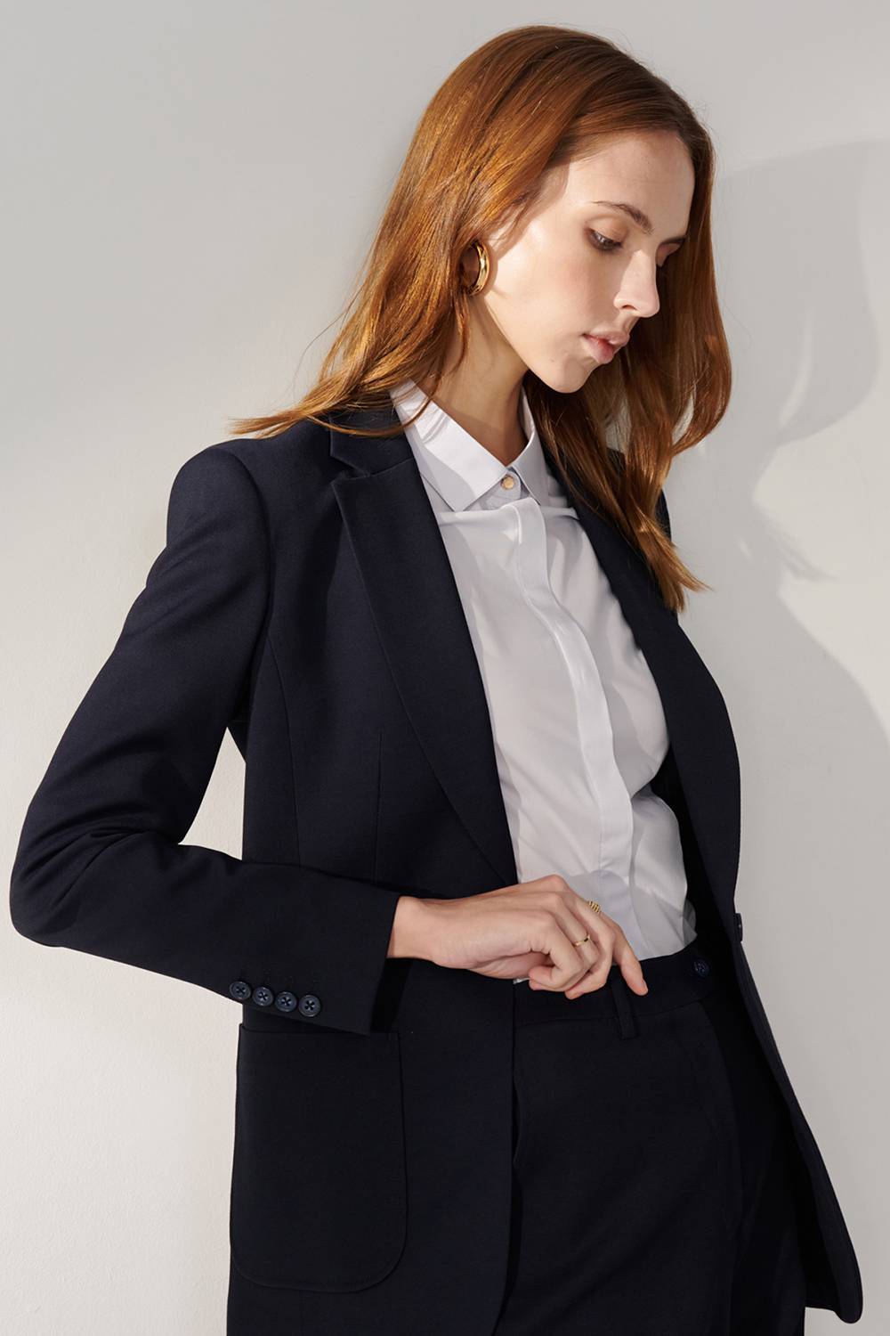 SST&C Navy Square Collar Mid-Length Suit Jacket | 01012408004_1