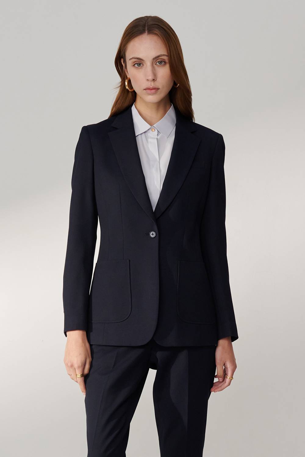 SST&C Navy Square Collar Mid-Length Suit Jacket | 01012408004_3