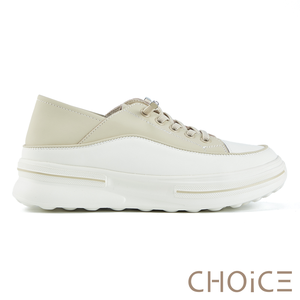 CHOiCE 後踩兩穿真皮免綁帶厚底休閒鞋 杏色 #38366