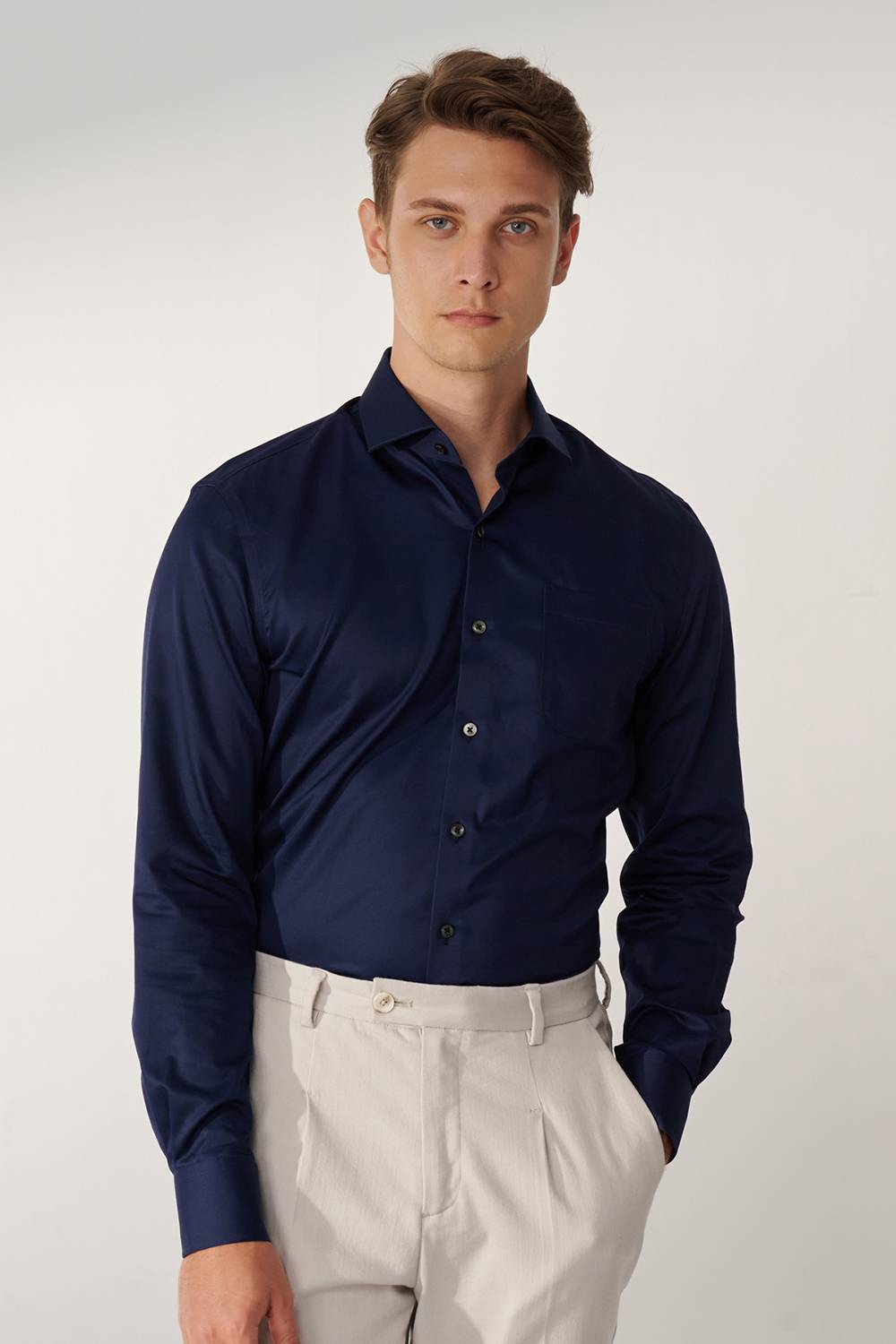 SST&C #Milan Series  Navy Plain Slim Fit Shirt | 00062409001_0