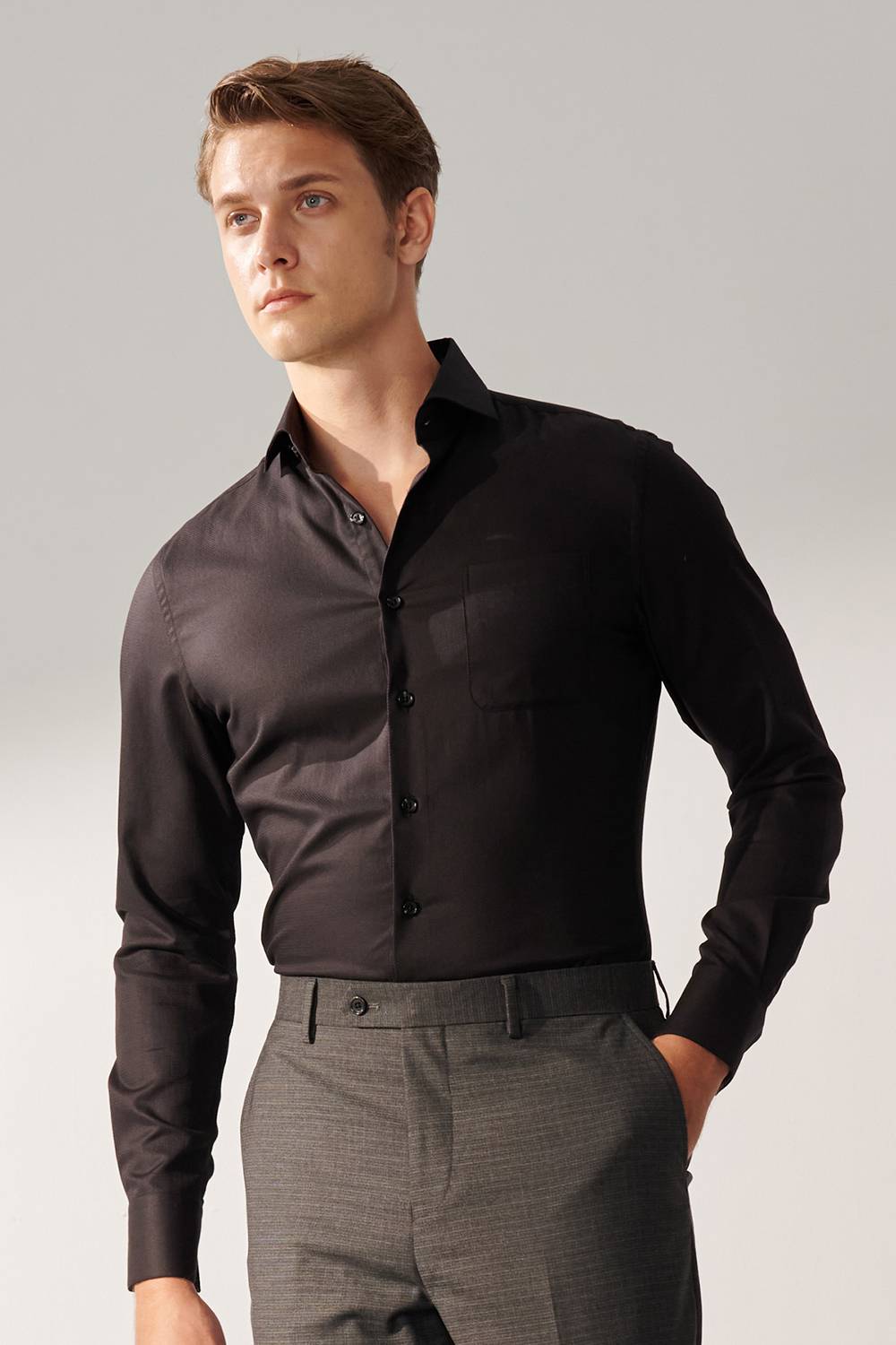 SST&C Black Textured Slim Fit Shirt | 00062409013_0