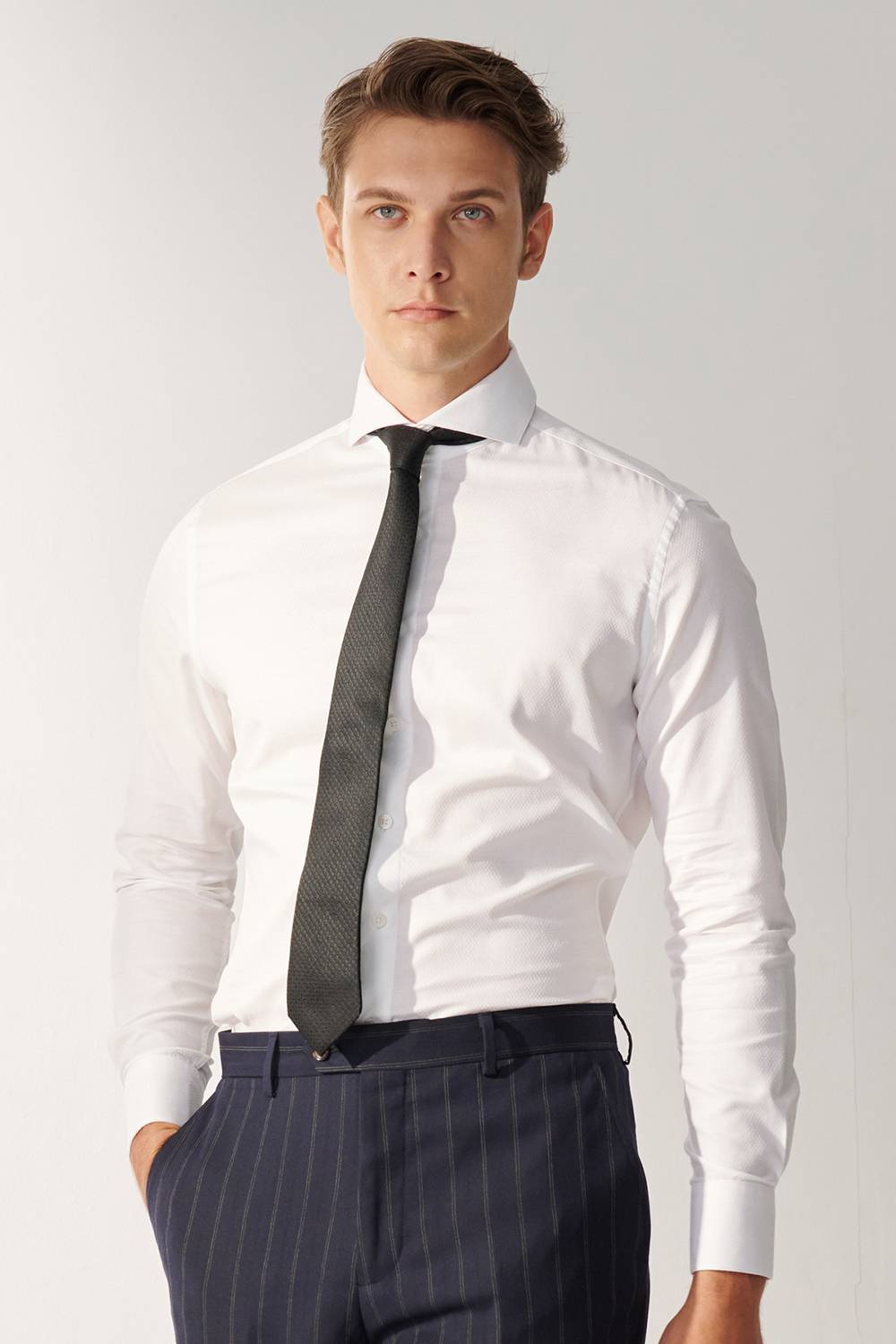 SST&C White Textured Slim Fit Shirt | 00062409014_0