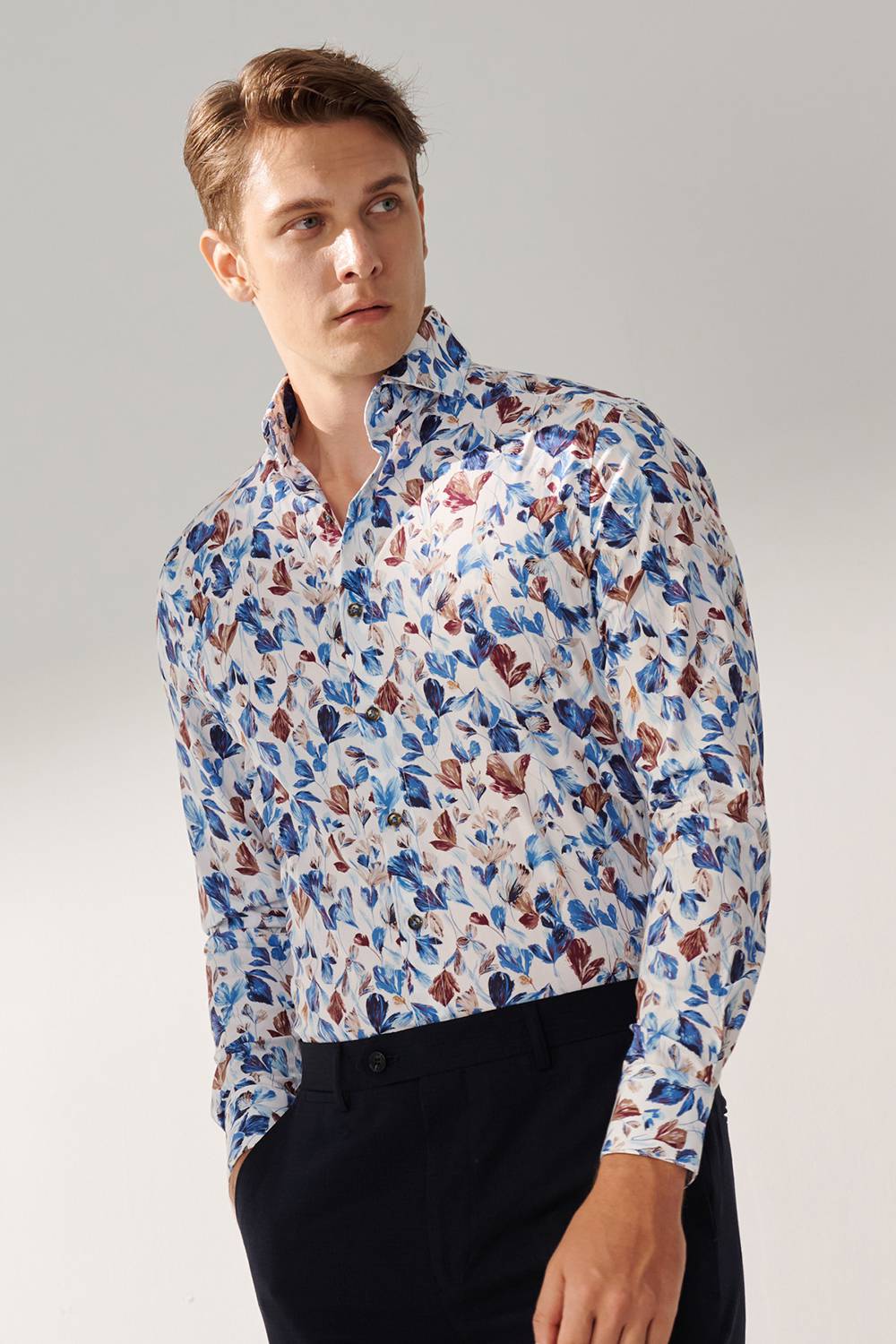 SST&C Blue Coffee Large Flower Print Slim Fit Shirt | 00062409015_0