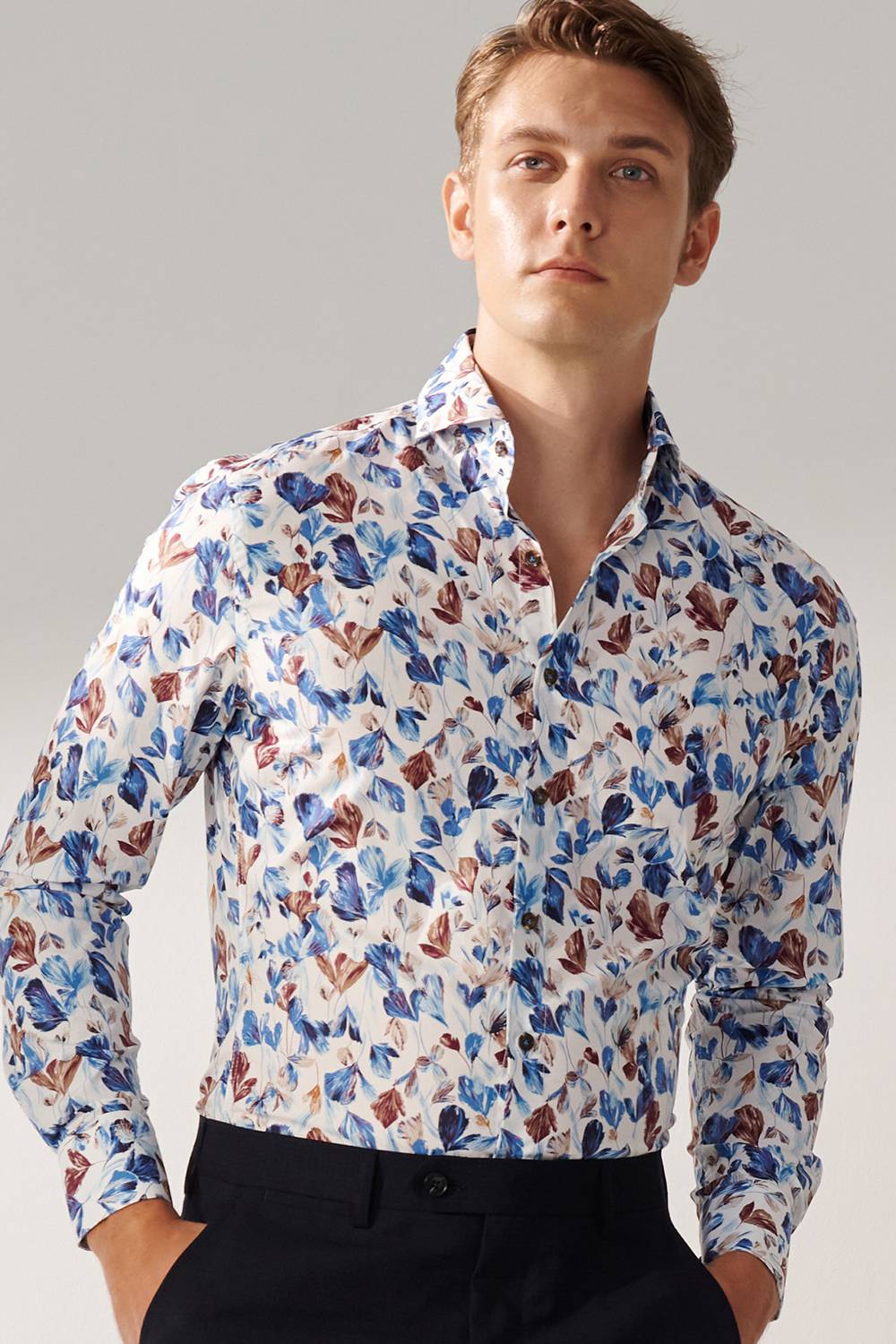 SST&C Blue Coffee Large Flower Print Slim Fit Shirt | 00062409015_1