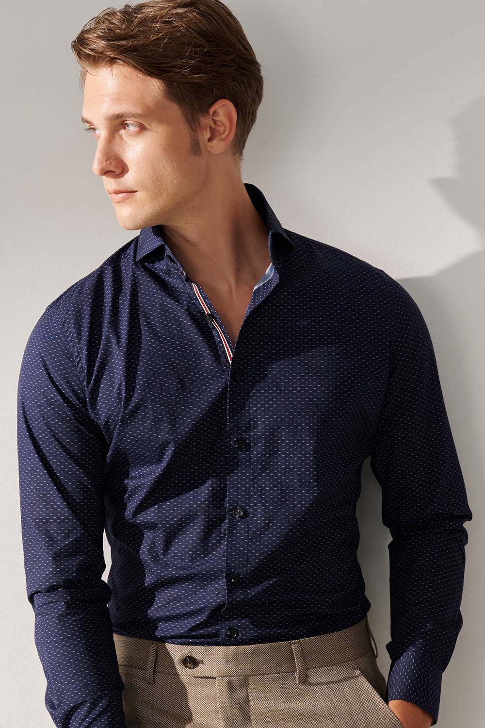 SST&C Navy Blue and White Dot Print Slim Fit Shirt | 00062409016_1