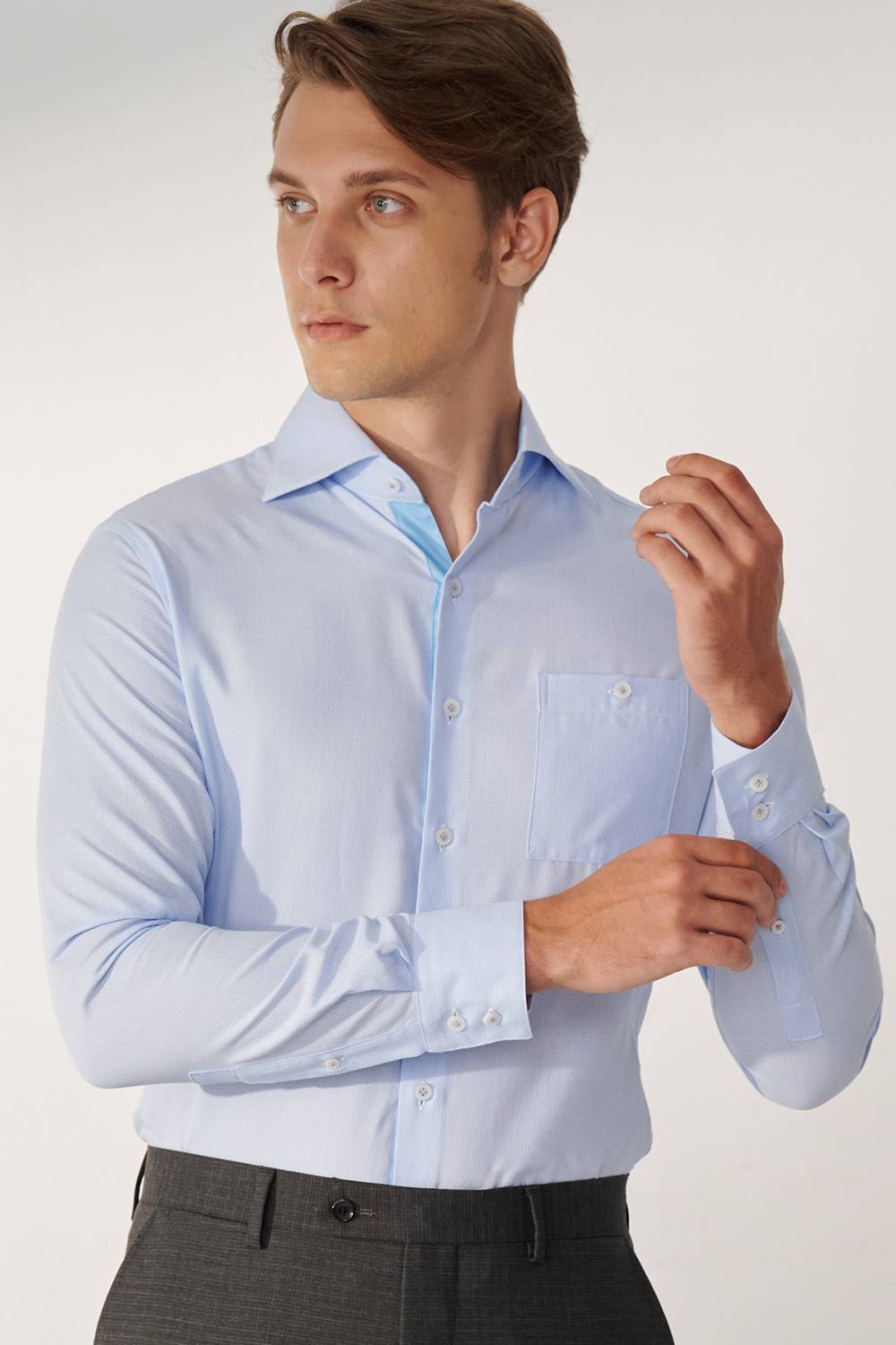 SST&C Blue Textured Slim Fit Shirt | 00062409018_1