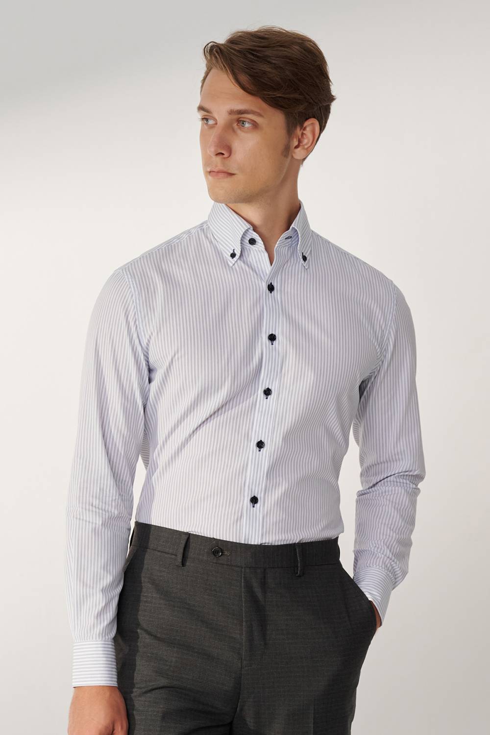 SST&C White Navy Striped Pattern Standard Shirt | 00062409021_0