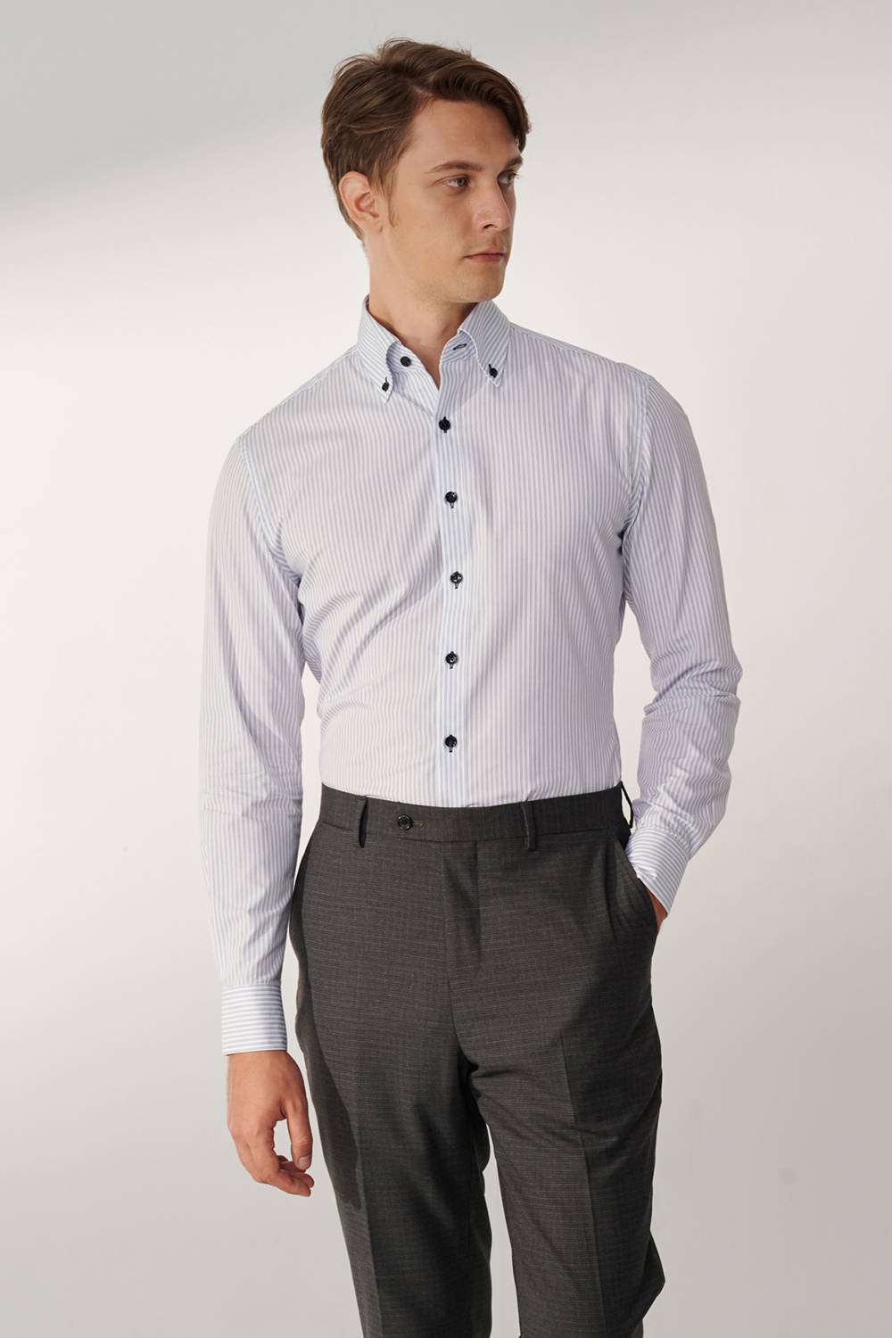 SST&C White Navy Striped Pattern Standard Shirt | 00062409021_2