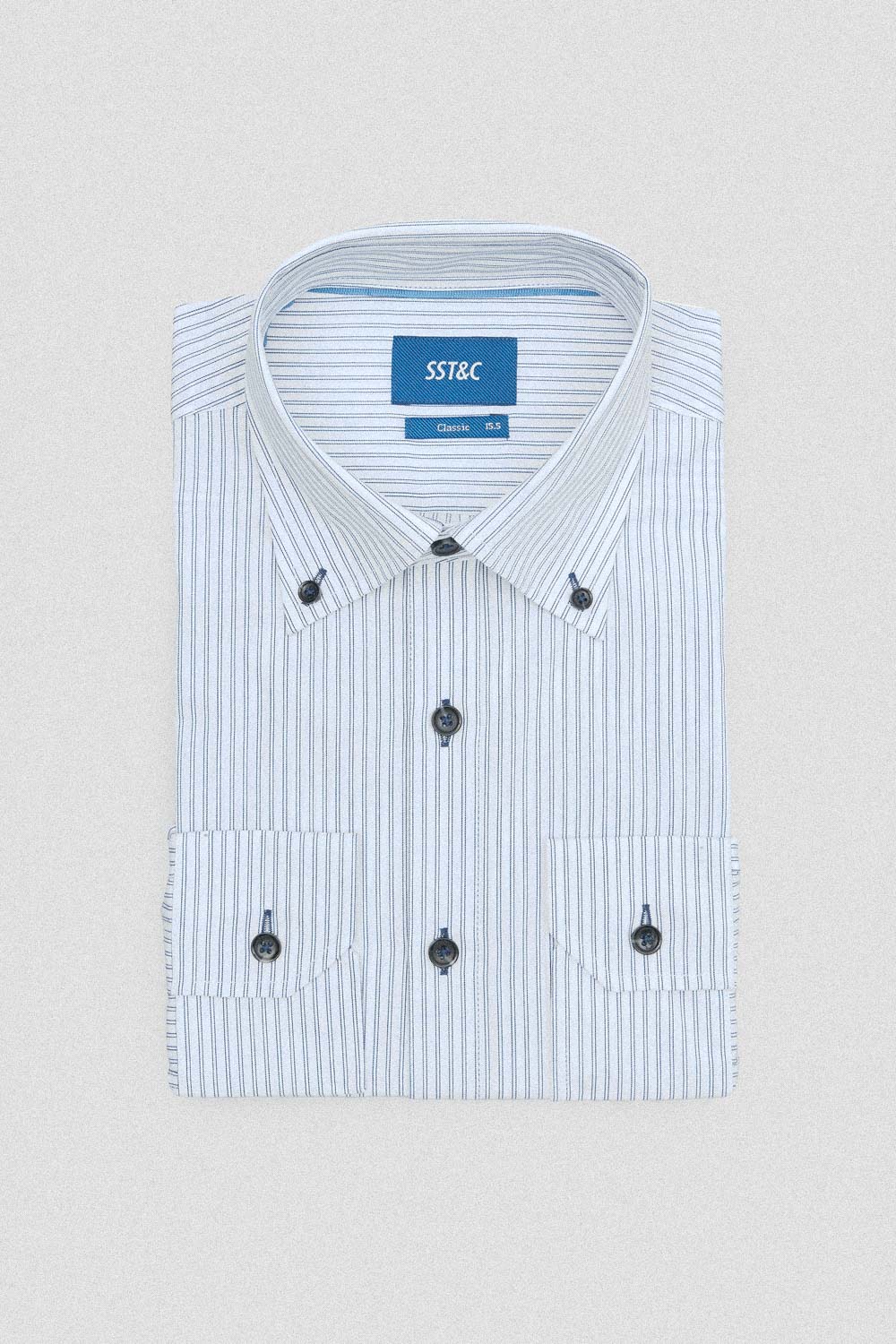 SST&C White Navy Striped Pattern Standard Shirt | 00062409021_5