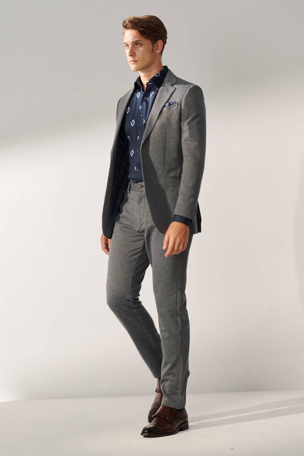 SST&C Dark Blue Diamond Pattern Slim Fit Stretch Knit Casual Trousers | 00162409003_0