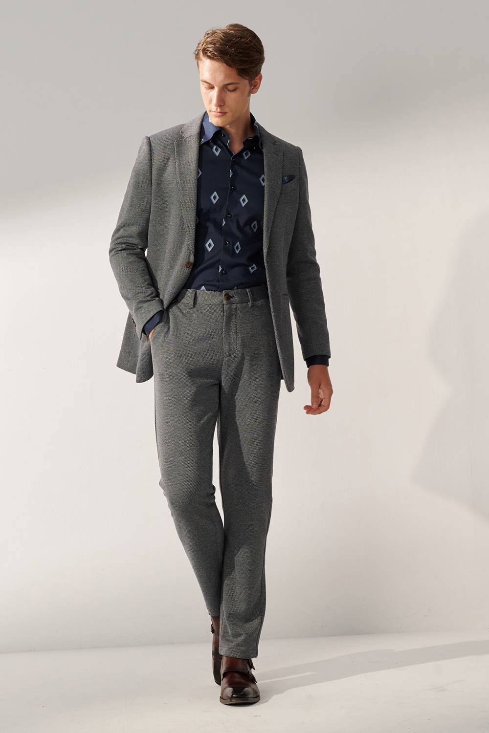 SST&C Dark Blue Diamond Pattern Slim Fit Stretch Knit Casual Trousers | 00162409003_1