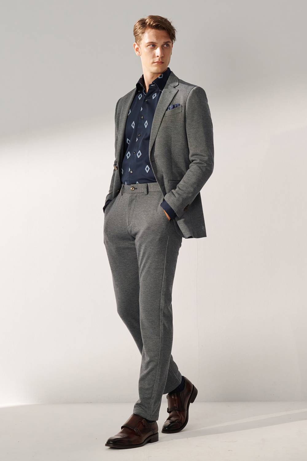 SST&C Dark Blue Diamond Pattern Slim Fit Stretch Knit Casual Trousers | 00162409003_2