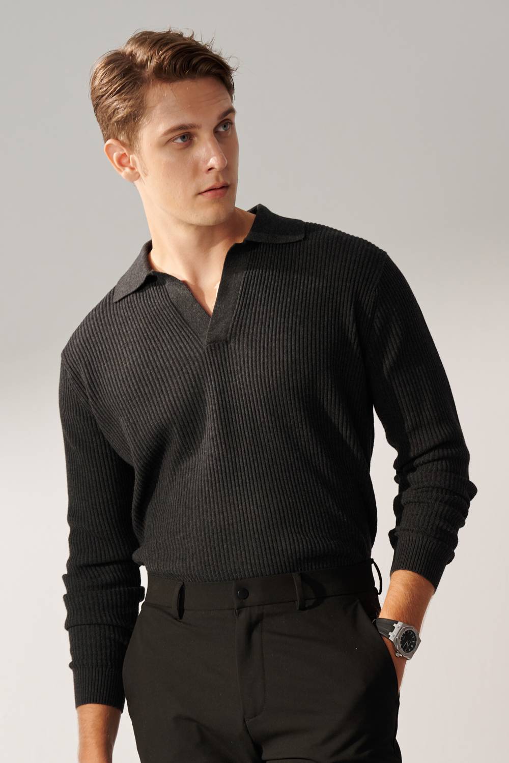 SST&C Gray and Black V-Lapel Vertical Stripe Knitted Sweater | 00182409004_0