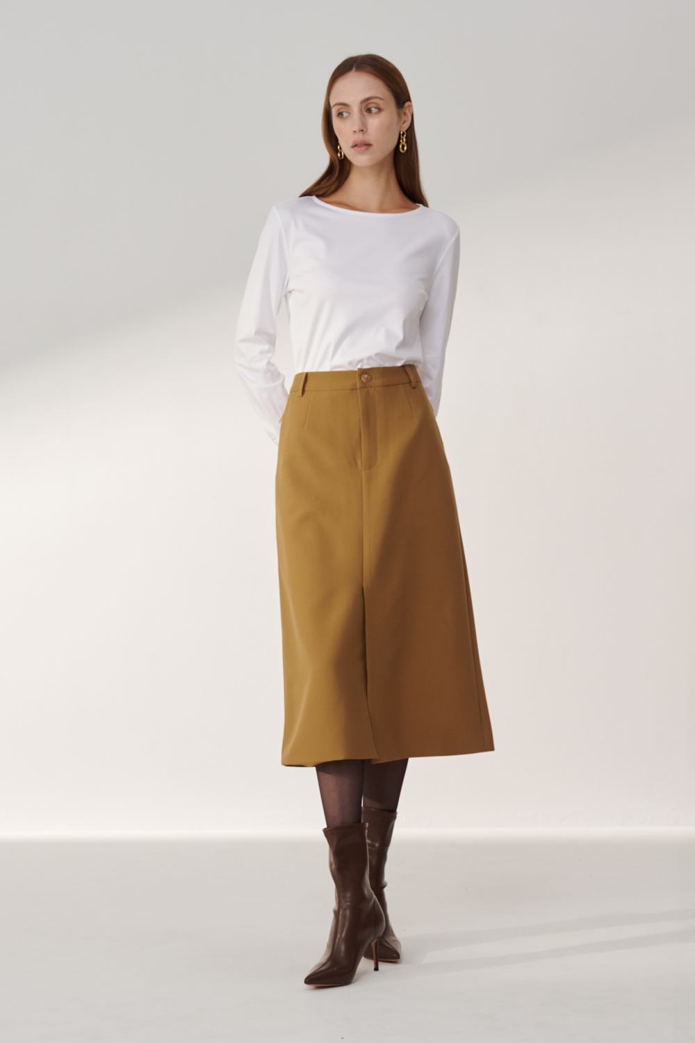 SST&C Khaki A-Line Slit Midi Skirt | 01232409001_0