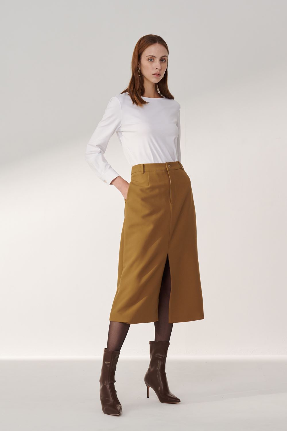 SST&C Khaki A-Line Slit Midi Skirt | 01232409001_1