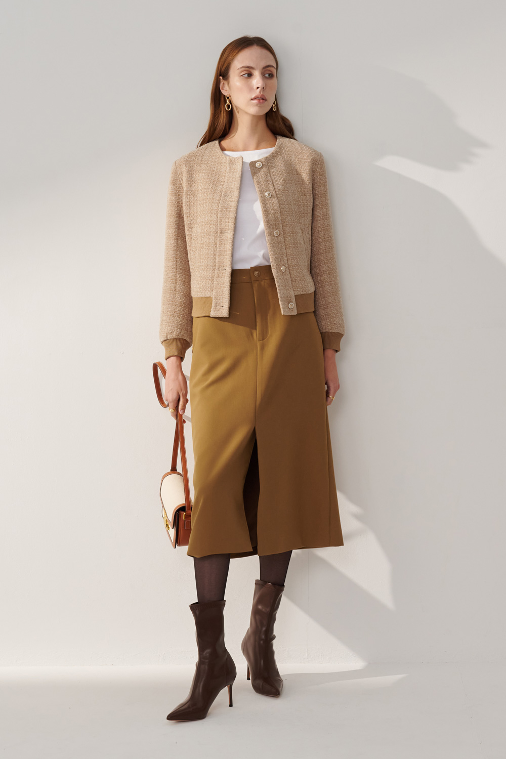 SST&C Khaki A-Line Slit Midi Skirt | 01232409001_2