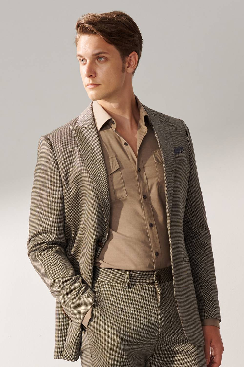 SST&C Hazelnut Brown Houndstooth Slim Fit Stretch Knit Casual Suit Jacket | 00112409002_0