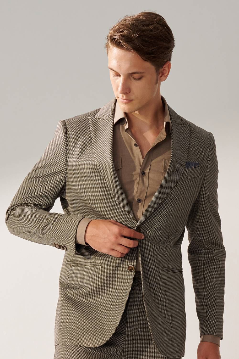 SST&C Hazelnut Brown Houndstooth Slim Fit Stretch Knit Casual Suit Jacket | 00112409002_1