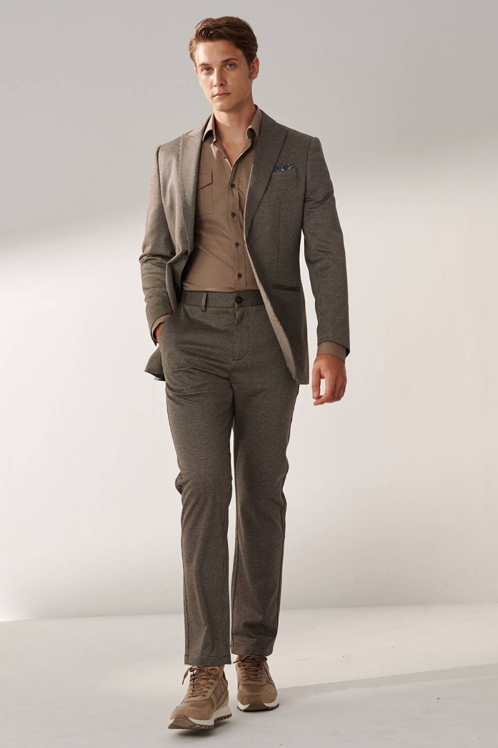 SST&C Hazelnut Brown Houndstooth Slim Fit Stretch Knit Casual Suit Jacket | 00112409002_3