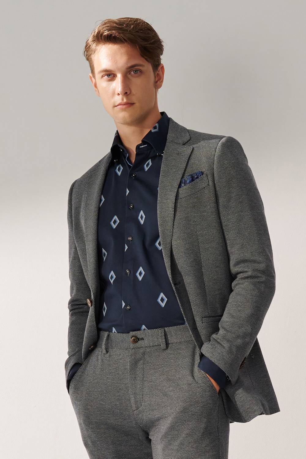 SST&C Dark Blue Diamond Pattern Slim Fit Stretch Knit Casual Suit Jacket | 00112409003_0