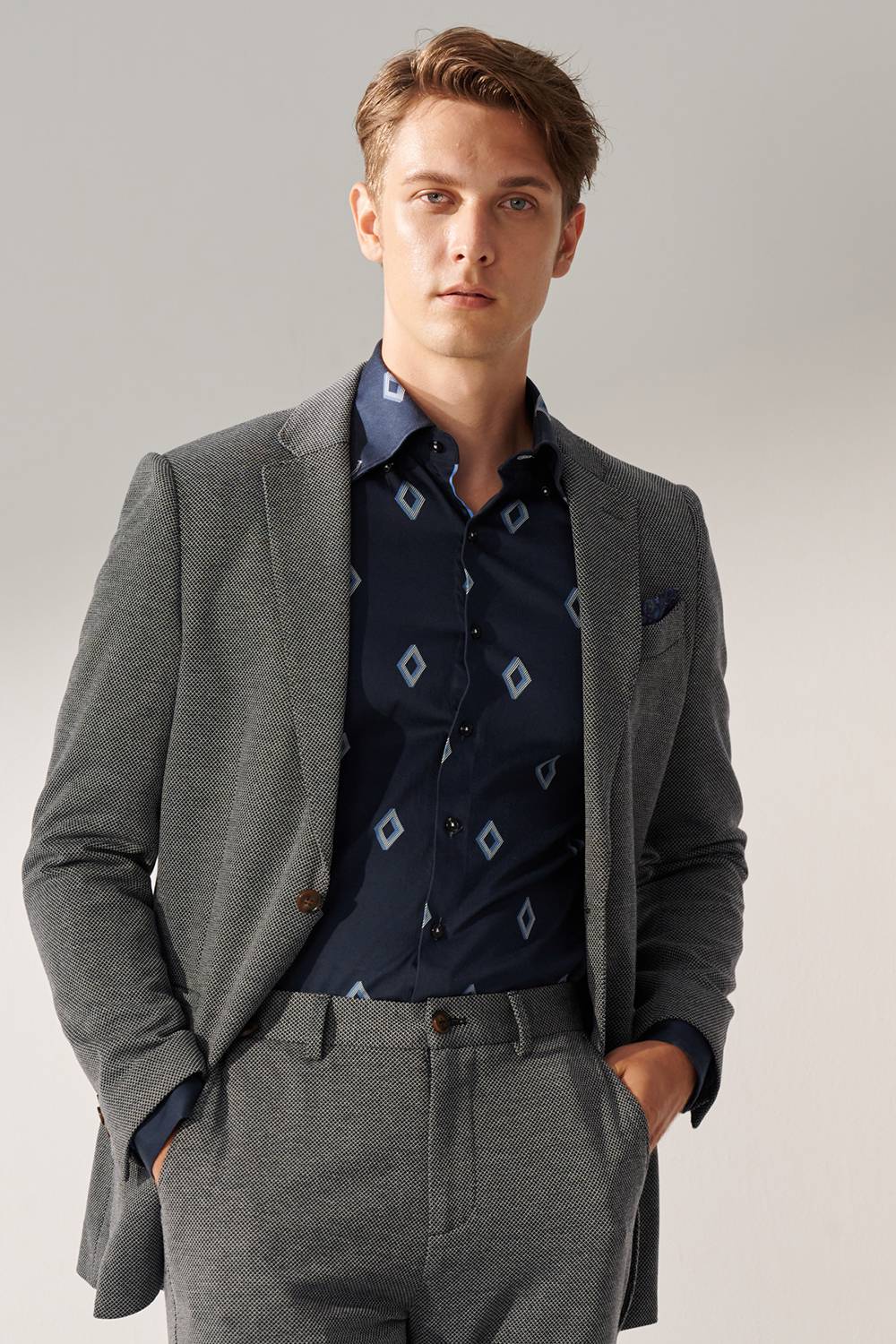 SST&C Dark Blue Diamond Pattern Slim Fit Stretch Knit Casual Suit Jacket | 00112409003_1