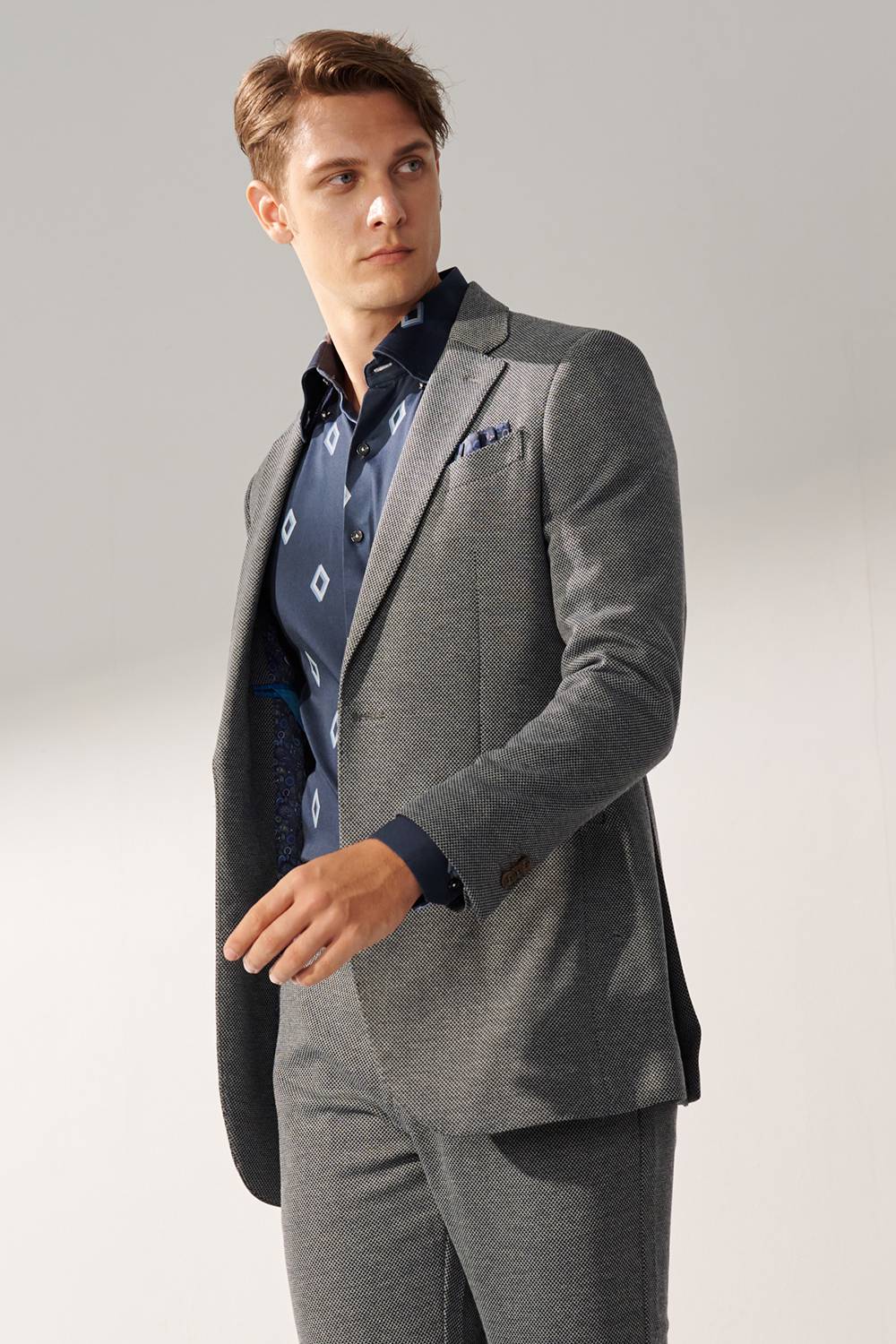 SST&C Dark Blue Diamond Pattern Slim Fit Stretch Knit Casual Suit Jacket | 00112409003_3