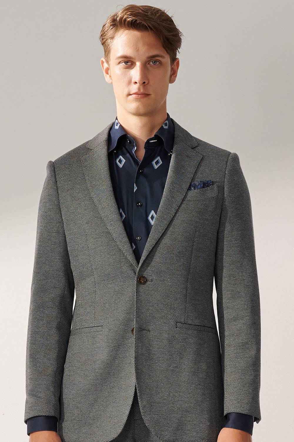 SST&C Dark Blue Diamond Pattern Slim Fit Stretch Knit Casual Suit Jacket | 00112409003_4