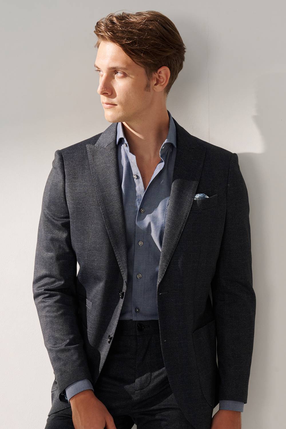 SST&C Dark Gray and Blue Check Pattern Slim Fit Stretch Knit Casual Suit Jacket | 00112409004_0