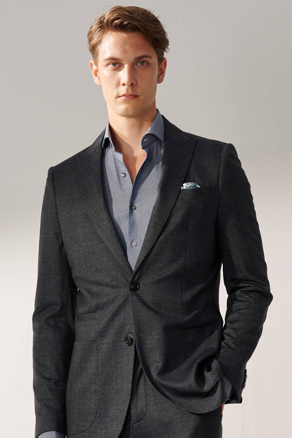 SST&C Dark Gray and Blue Check Pattern Slim Fit Stretch Knit Casual Suit Jacket | 00112409004_1