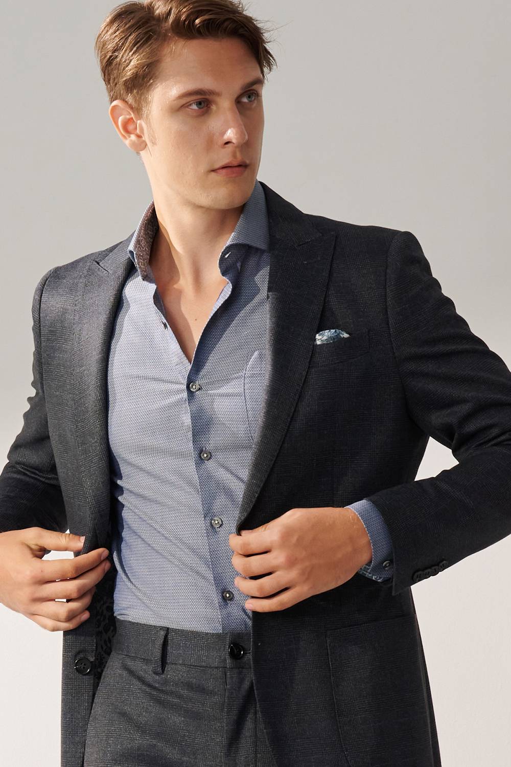 SST&C Dark Gray and Blue Check Pattern Slim Fit Stretch Knit Casual Suit Jacket | 00112409004_3