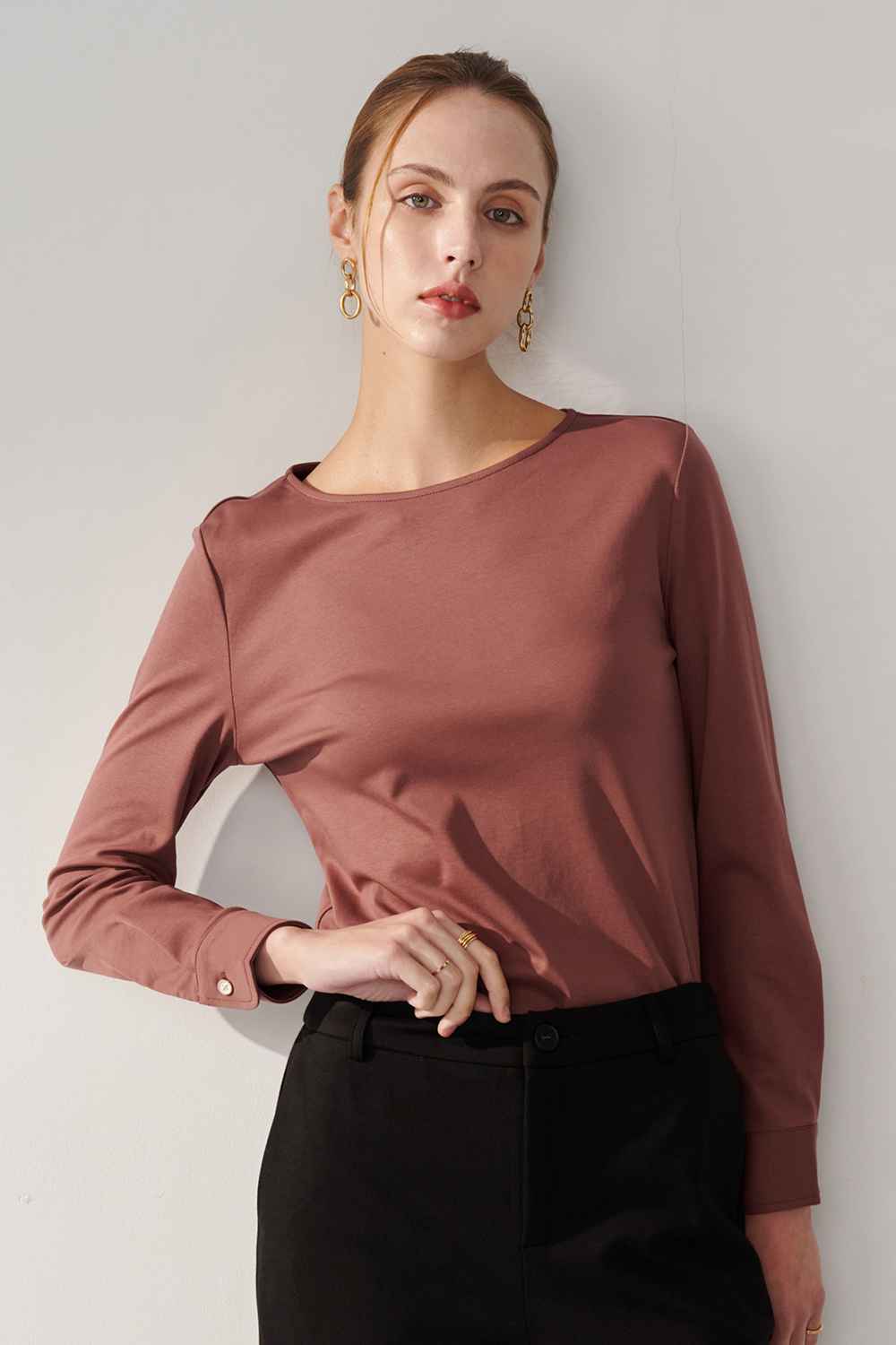 SST&C Cocoa Boat Neck Silky T-Shirt | 01202409002_0