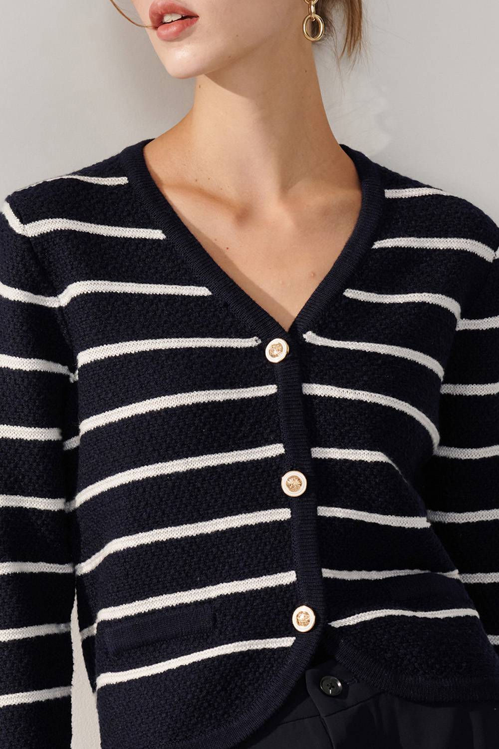 SST&C Dark Blue Striped Pattern Small Fragrant Knitted Jacket | 01182409003_4